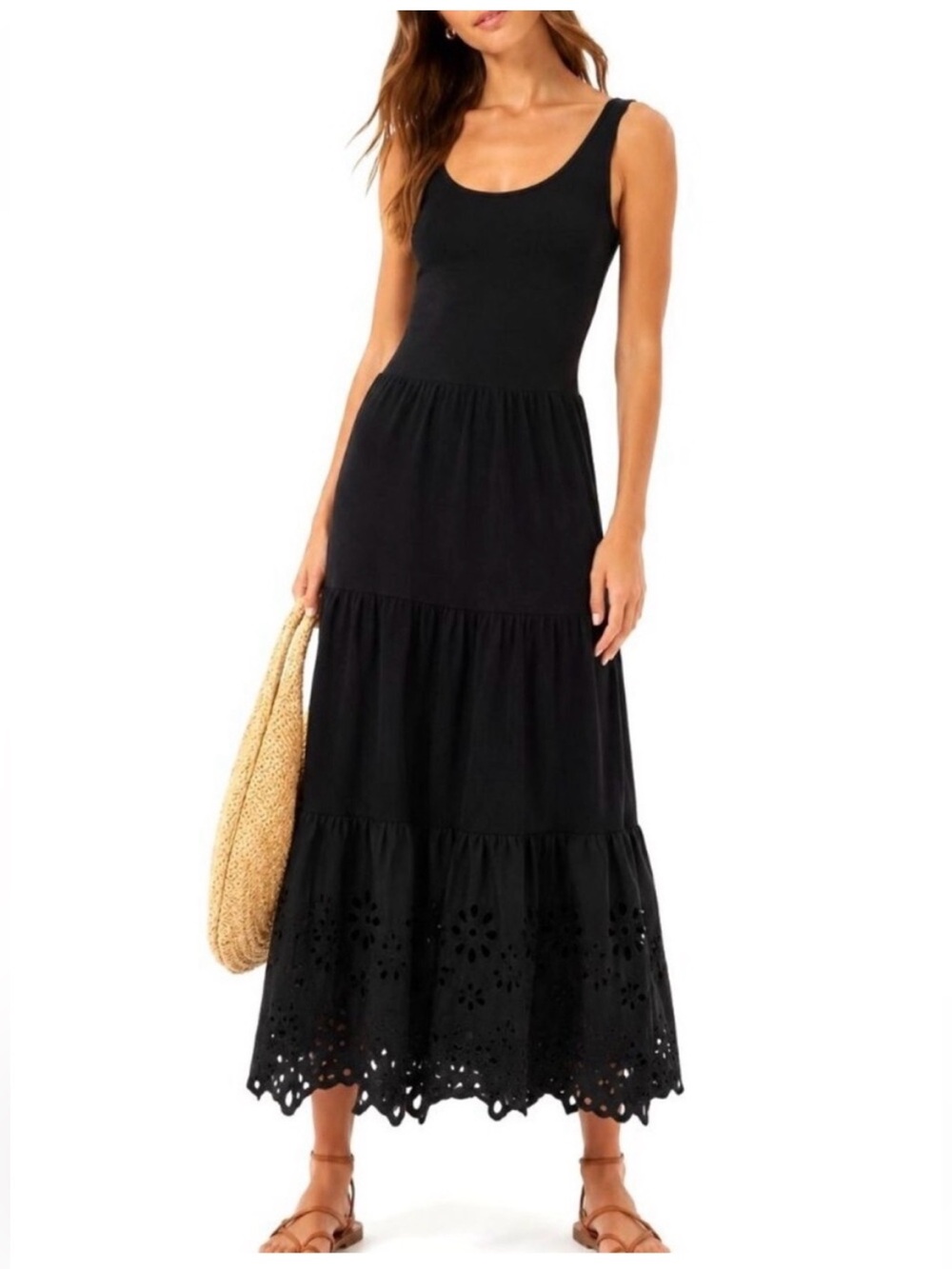 J.CREW Women’s Black Tiered Knit Maxi Dress Eyelet Trim Cross Back Straps XS